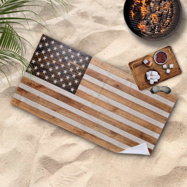 Rustic Wood Tone American Flag Horizontal Beach Towel (Creator Uploaded)