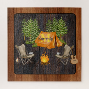Rustic Wood tone Camping Monogram Jigsaw Puzzle