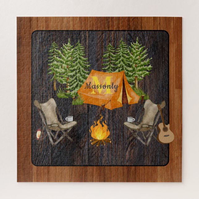 Rustic Wood tone Camping Monogram  Jigsaw Puzzle (Vertical)