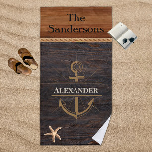 Rustic Wood Tone Coastal Anchor Nautical Monogram Beach Towel