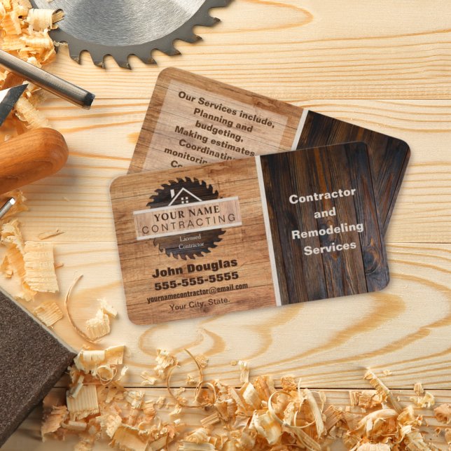 Rustic Wood Tone Contractor Logo Business Card (Creator Uploaded)