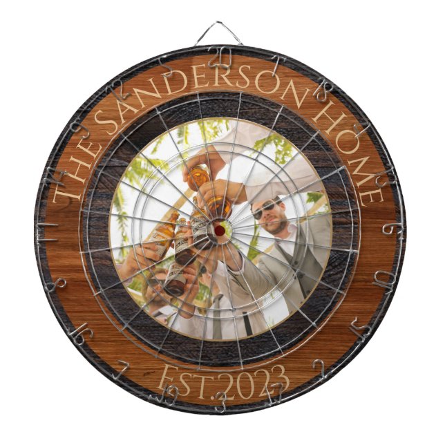 Rustic Wood Tone Family Name Photo Dart Board (Front)