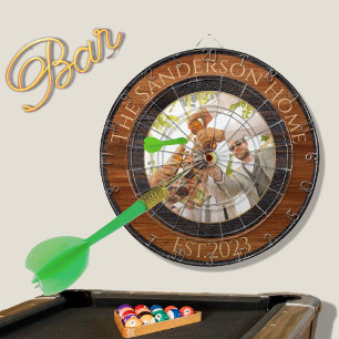 Rustic Wood Tone Family Name Photo Dart Board