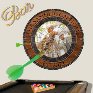 Rustic Wood Tone Family Name Photo Dartboard