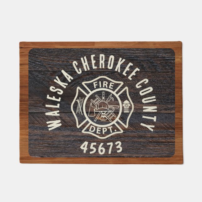 Rustic Wood tone fireman emblem  Doormat (Front)