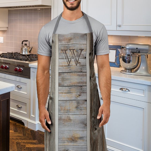 Rustic Wood Tone Grey Monogram Stripe Vertical Apron (Creator Uploaded)