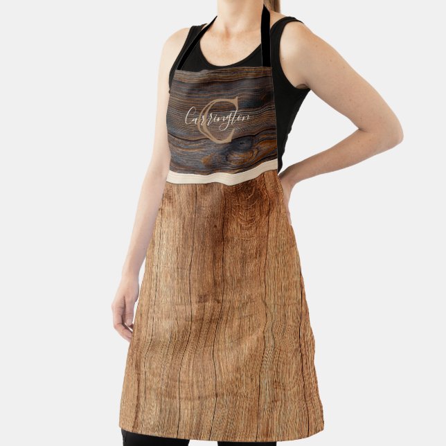 Rustic Wood Tone Monogram Brown and Tan Apron (Insitu)