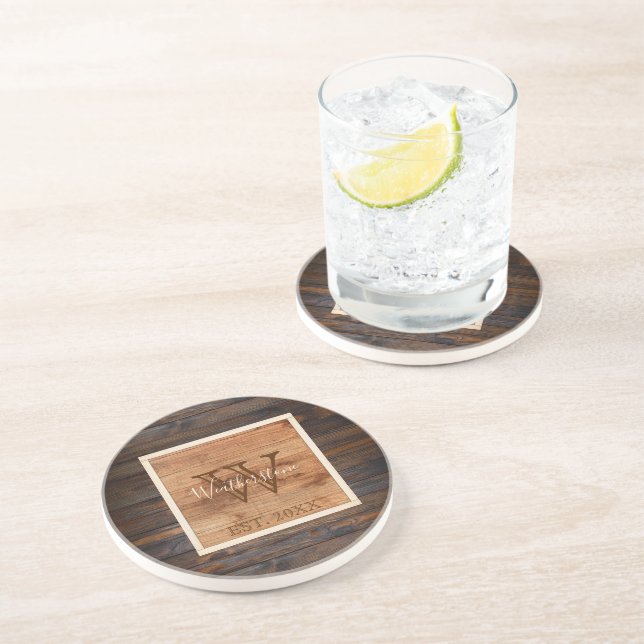 Rustic Wood Tone Monogram Design Sandstone Coaster (Side)
