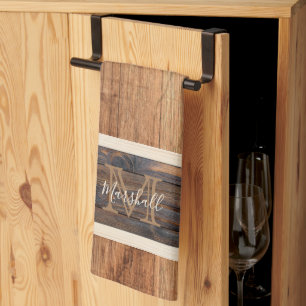 Rustic Wood Tone Monogram Horizontal Stripe Tan Tea Towel