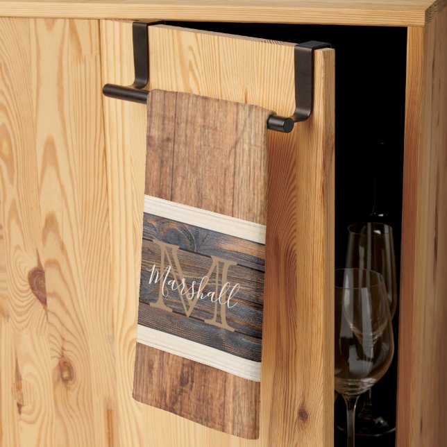 Rustic Wood Tone Monogram Horizontal Stripe Tan Tea Towel (Thirds Fold)