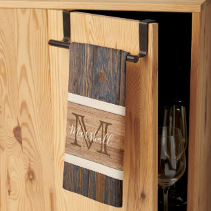 Rustic Wood Tone Monogram Horizontal Stripe Tea Towel