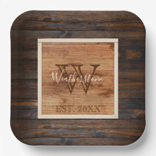 Rustic Wood Tone Monogram Large Paper Plate