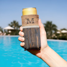 Rustic Wood Tone Monogram Seltzer Can Cooler