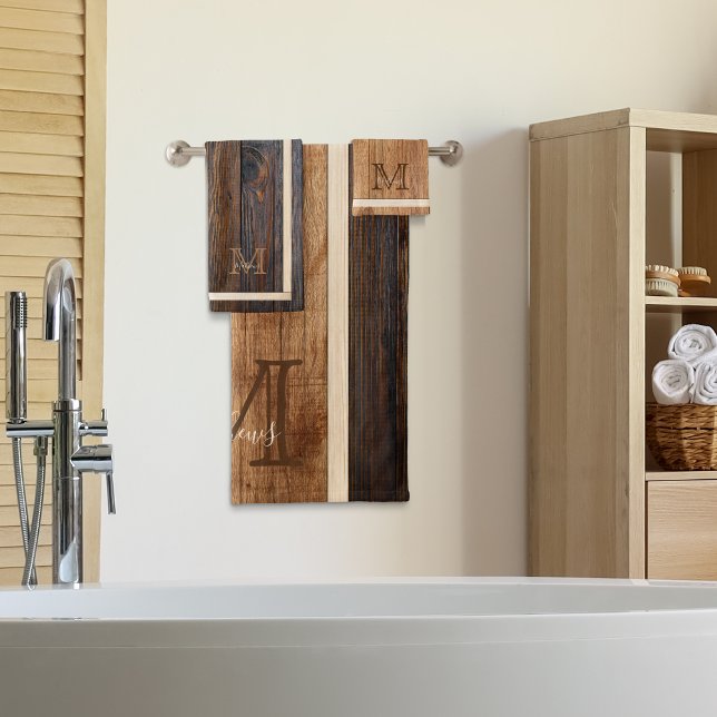 Rustic Wood Tone Monogram Stripe Bath Towel Set (Creator Uploaded)