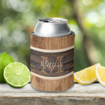 Rustic Wood Tone Monogram Stripe Can Cooler