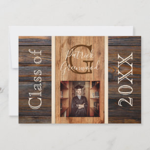 Rustic Wood Tone Monogram Stripe Graduation Invitation