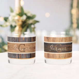 Rustic Wood Tone Mr and Mrs Wedding Whiskey Glass