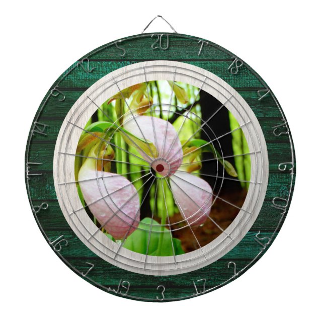 Rustic Wood Tone Pink Lady Slipper Wild Orchid Dartboard (Front)