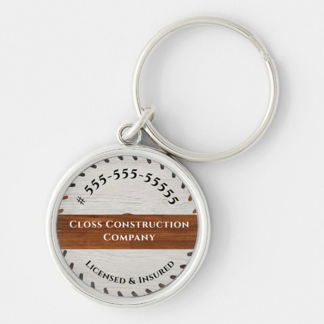 Rustic Wood Tone Saw Construction Business logo Wi Key Ring (Front)