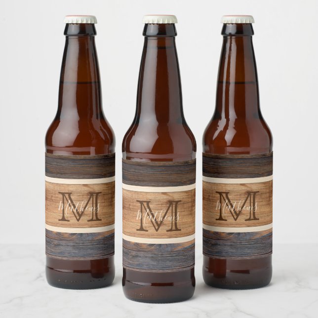 Rustic Wood Tone Stripe Monogram Beer Bottle Label (Bottles)