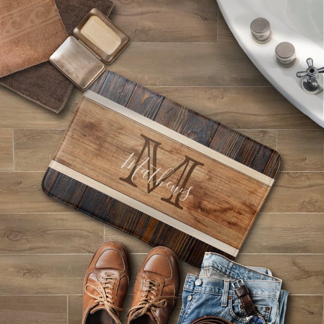 Rustic Wood Tone Stripe Monogram Brown Bath Mat (Creator Uploaded)