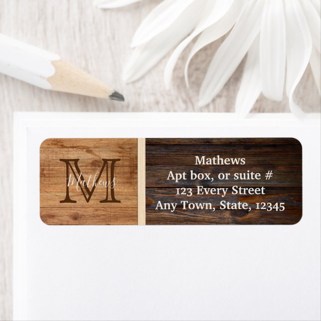 Rustic Wood Tone Stripe Monogram Return Address Label (Insitu)