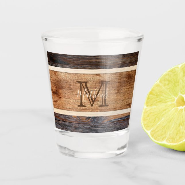 Rustic Wood Tone Stripe Monogram Shot Glass (Front)