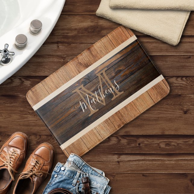 Rustic Wood Tone Stripe Monogram Tan Bath Mat (Creator Uploaded)