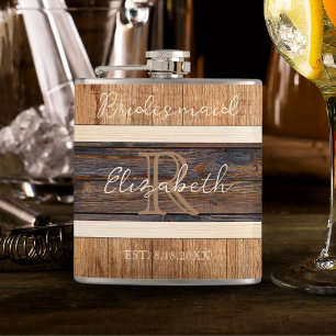 Rustic Wood Tone Wedding Bridesmaid Hip Flask