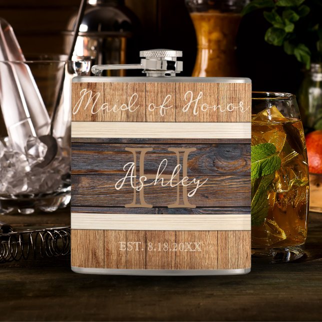 Rustic Wood Tone Wedding Maid of Honour Hip Flask (Creator Uploaded)