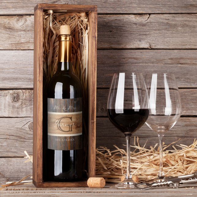  Rustic Wood Tone Wedding Wine Bottle Label Set (Creator Uploaded)