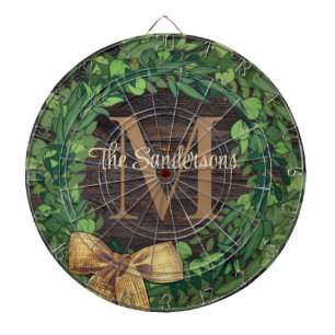 Rustic Wood Tone Wreath Monogram Dartboard