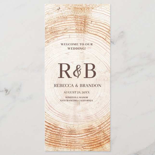 Rustic Wood Tree bark Custom Names Wedding Party  Program (Front)