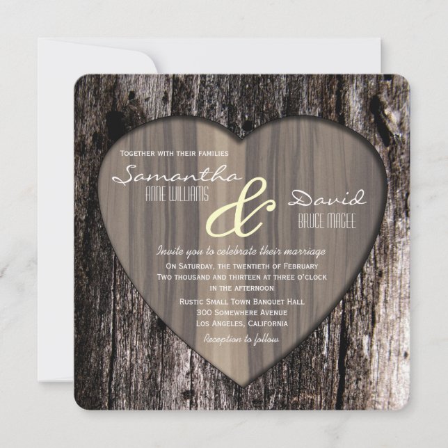 Rustic Wood Tree Bark Heart Wedding Invitation (Front)