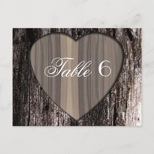 Rustic Wood Tree Bark Heart Wedding Table Number 6 Postcard (Front)