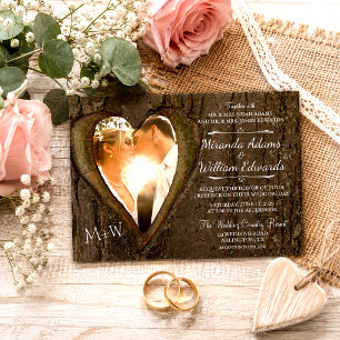 Rustic Wood Tree Heart Photo Wedding Invitation