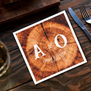 Rustic Wood Tree Slice Monogram Wedding Napkin