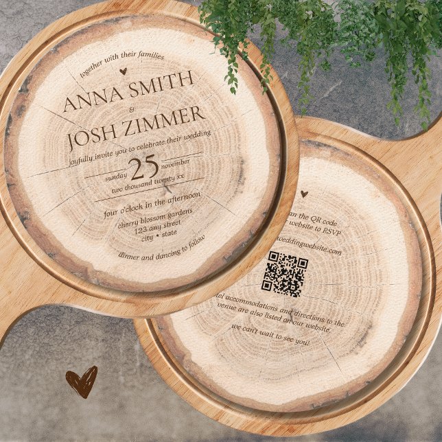 Rustic Wood Tree Stump Barn All in One QR Wedding Invitation (All in one Rustic Wood QR code Wedding Invitation)
