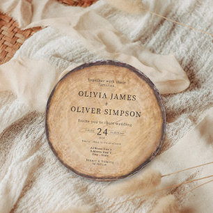 Rustic wood tree stump barn wedding invitation