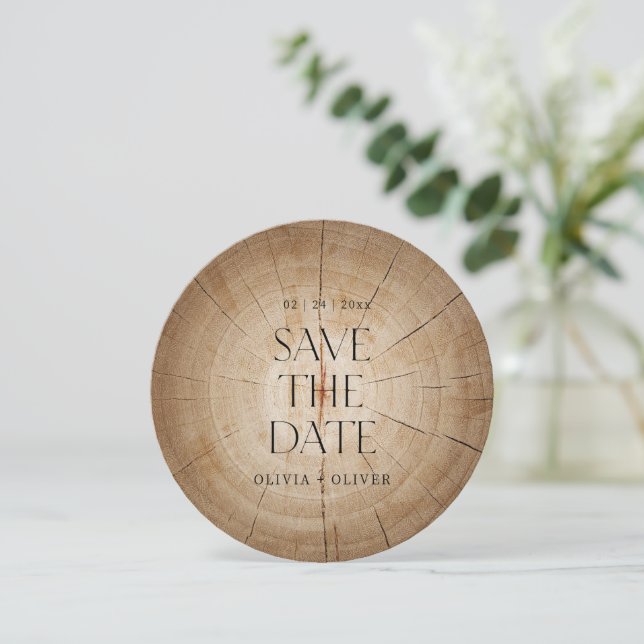 Rustic wood tree stump barn wedding save the date invitation (Standing Front)
