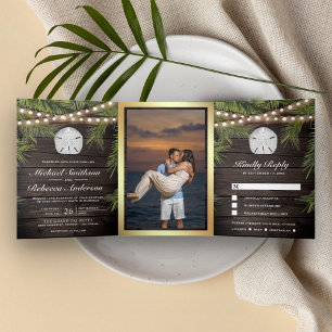 Rustic Wood Tropical Palm Leaf Sand Dollar Wedding Tri-Fold Invitation