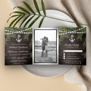 Rustic Wood Tropical Palm Leaves Anchor Wedding Tri-Fold Invitation
