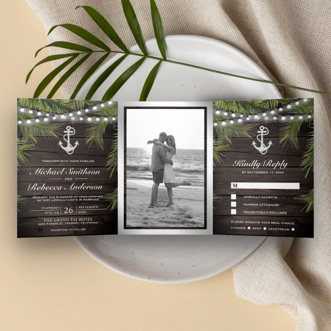 Rustic Wood Tropical Palm Leaves Anchor Wedding Tri-Fold Invitation (Creator Uploaded)