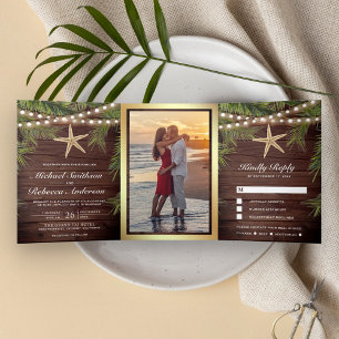Rustic Wood Tropical Palm Leaves Starfish Wedding Tri-Fold Invitation