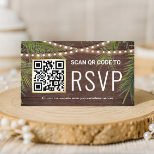 Rustic Wood Tropical Palm QR Code RSVP Wedding Enclosure Card