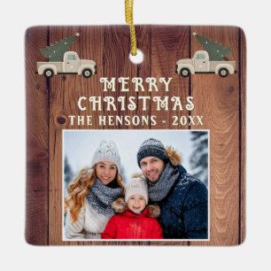 Rustic Wood Truck Family Photo Merry Christmas Ceramic Ornament