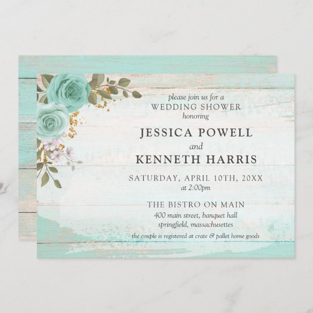Rustic Wood Turquoise Floral Couple Wedding Shower Invitation (Front/Back)