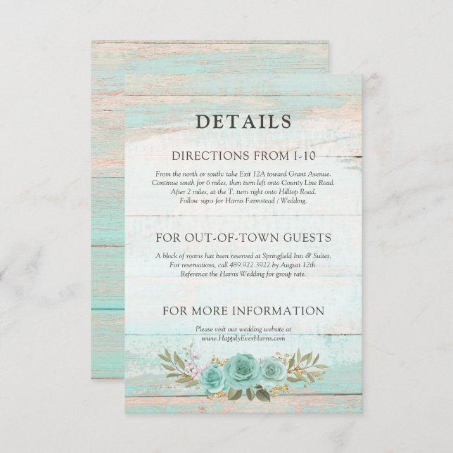 Rustic Wood Turquoise Floral Details / Directions Enclosure Card (Front/Back)