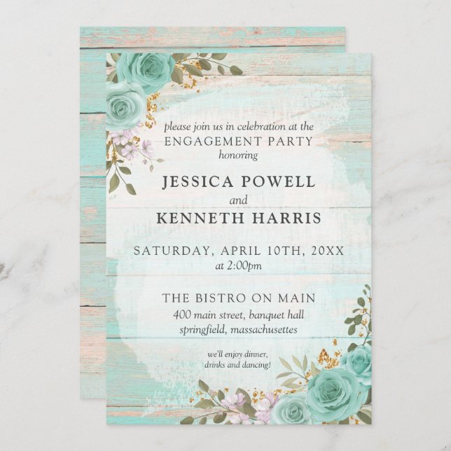 Rustic Wood Turquoise Floral Engagement Party Invitation (Front/Back)