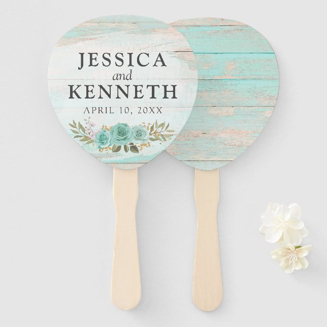 Rustic Wood Turquoise Floral Names & Wedding Date Hand Fan (Front and Back)